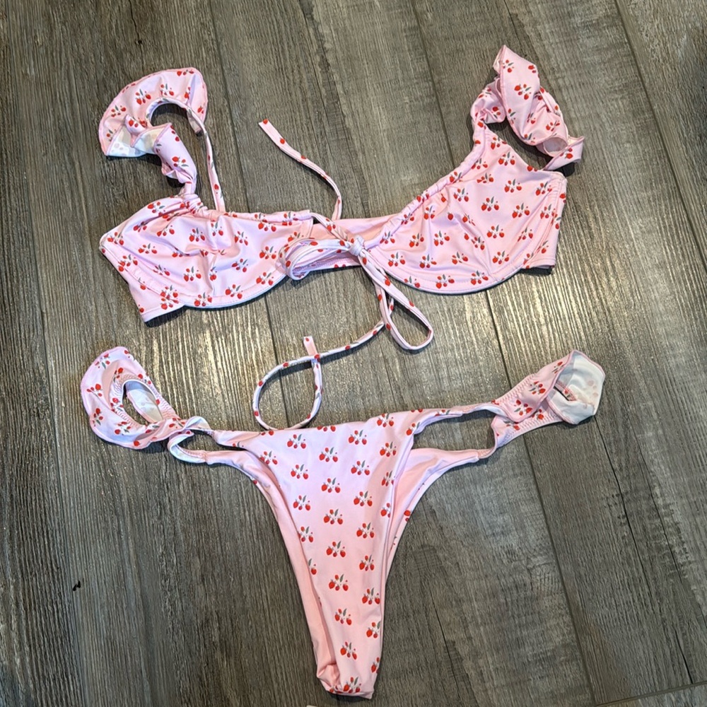 Frankie's Bikinis pink cherry bathing suit top and bottom
